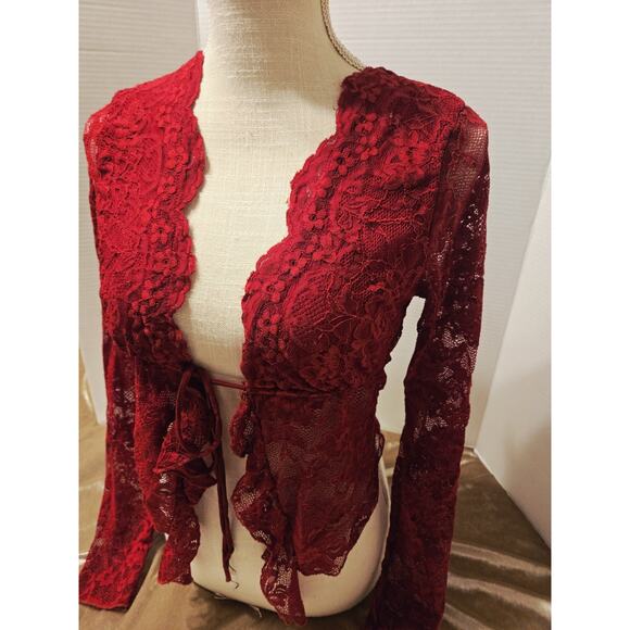 Y2K Lace Cropped Open Top Bolero Blouse Ruffle M Red Hell Bunny Killstar Burlesk - Picture 10 of 10